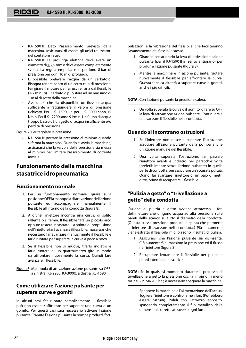 Funzionamento normale, Quando si incontrano ostruzioni | RIDGID KJ-3000 User Manual | Page 31 / 124