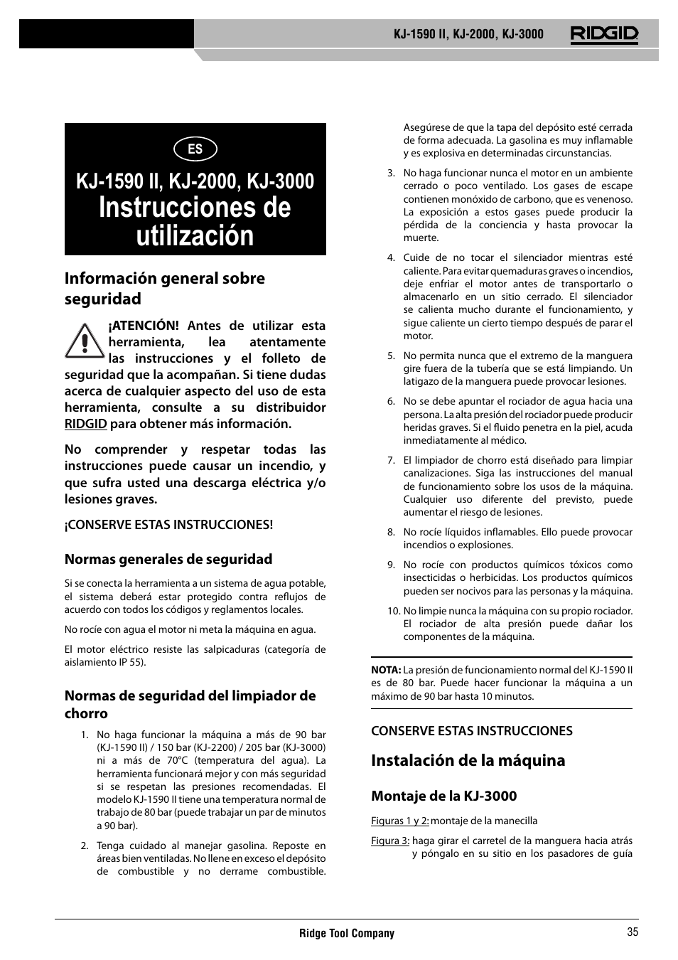 Instrucciones de utilización, Información general sobre seguridad, Instalación de la máquina | RIDGID KJ-3000 User Manual | Page 36 / 124