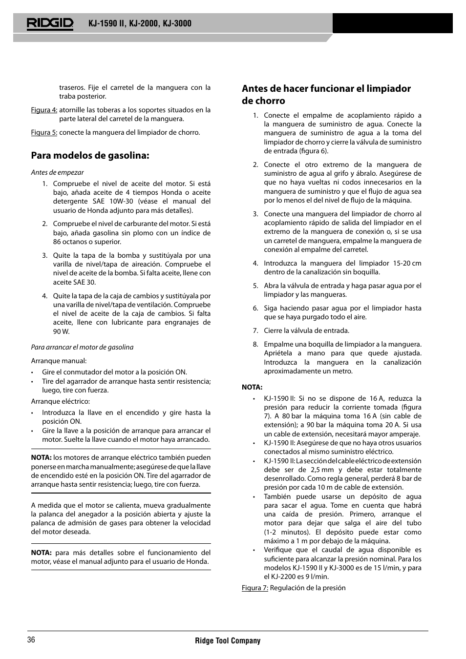 Para modelos de gasolina, Antes de hacer funcionar el limpiador de chorro | RIDGID KJ-3000 User Manual | Page 37 / 124