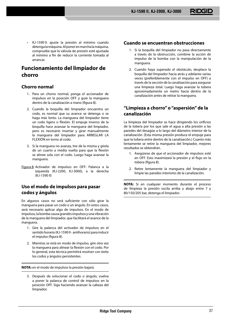 Funcionamiento del limpiador de chorro, Chorro normal, Uso el modo de impulsos para pasar codos y ángulos | Cuando se encuentran obstrucciones | RIDGID KJ-3000 User Manual | Page 38 / 124