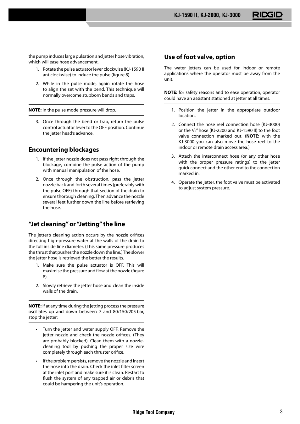 Encountering blockages, Jet cleaning” or “jetting” the line, Use of foot valve, option | RIDGID KJ-3000 User Manual | Page 4 / 124