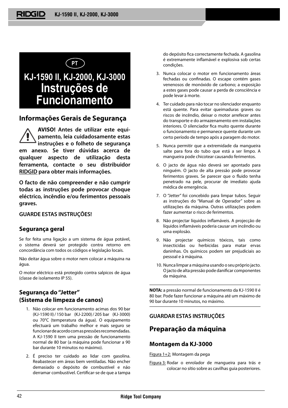 Instruções de funcionamento, Informações gerais de segurança, Preparação da máquina | RIDGID KJ-3000 User Manual | Page 43 / 124