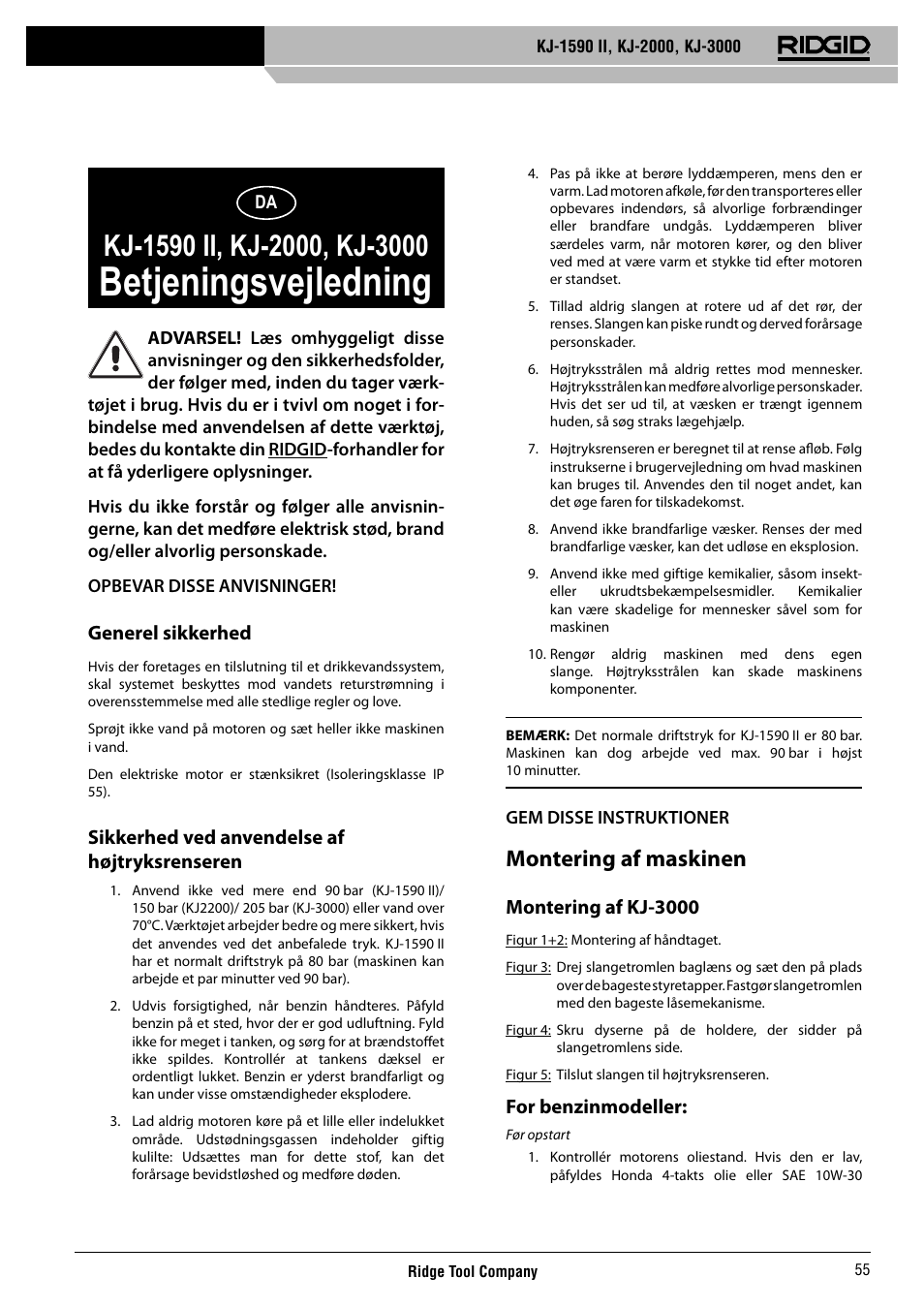 Betjeningsvejledning, Montering af maskinen | RIDGID KJ-3000 User Manual | Page 56 / 124