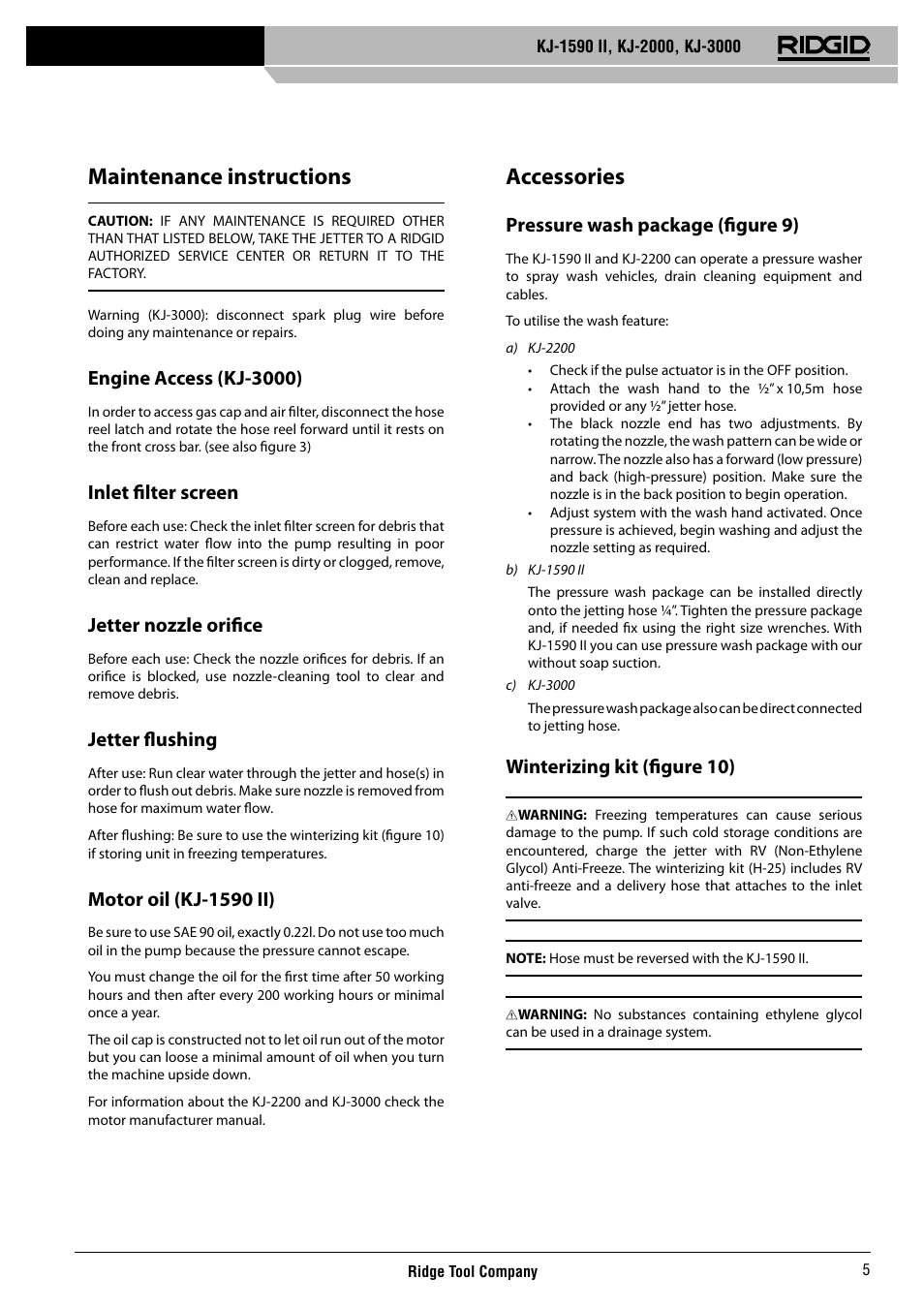 Maintenance instructions, Accessories, Engine access (kj-3000) | Inlet fi lter screen, Jetter nozzle orifi ce, Jetter fl ushing, Motor oil (kj-1590 ii), Pressure wash package (fi gure 9), Winterizing kit (fi gure 10) | RIDGID KJ-3000 User Manual | Page 6 / 124