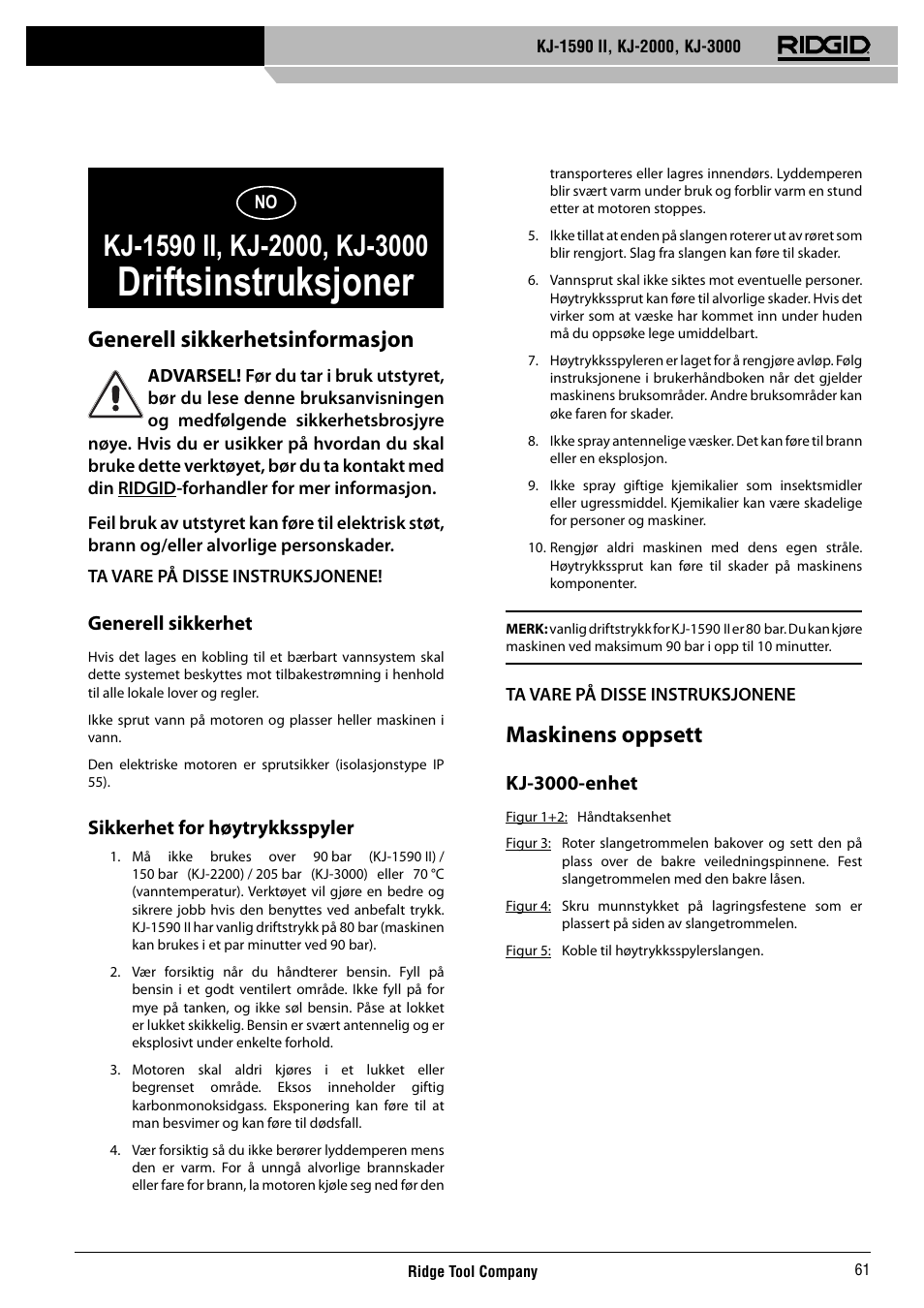 Driftsinstruksjoner, Generell sikkerhetsinformasjon, Maskinens oppsett | RIDGID KJ-3000 User Manual | Page 62 / 124