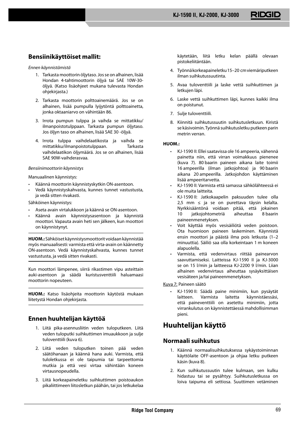 Huuhtelijan käyttö, Bensiinikäyttöiset mallit, Ennen huuhtelijan käyttöä | Normaali suihkutus | RIDGID KJ-3000 User Manual | Page 70 / 124