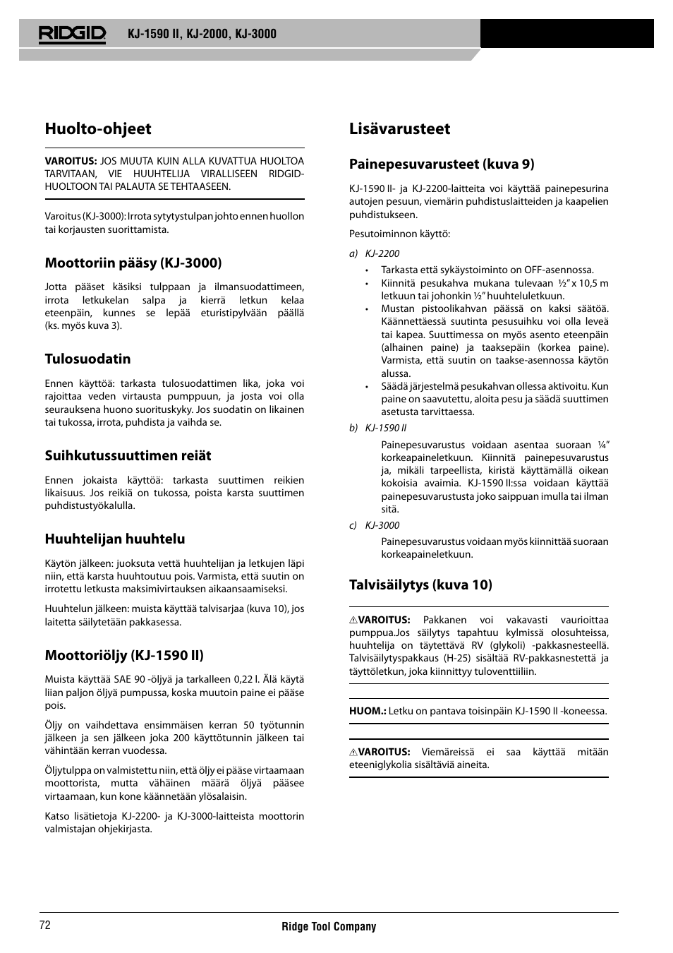 Huolto-ohjeet, Lisävarusteet, Moottoriin pääsy (kj-3000) | Tulosuodatin, Suihkutussuuttimen reiät, Huuhtelijan huuhtelu, Moottoriöljy (kj-1590 ii), Painepesuvarusteet (kuva 9), Talvisäilytys (kuva 10) | RIDGID KJ-3000 User Manual | Page 73 / 124