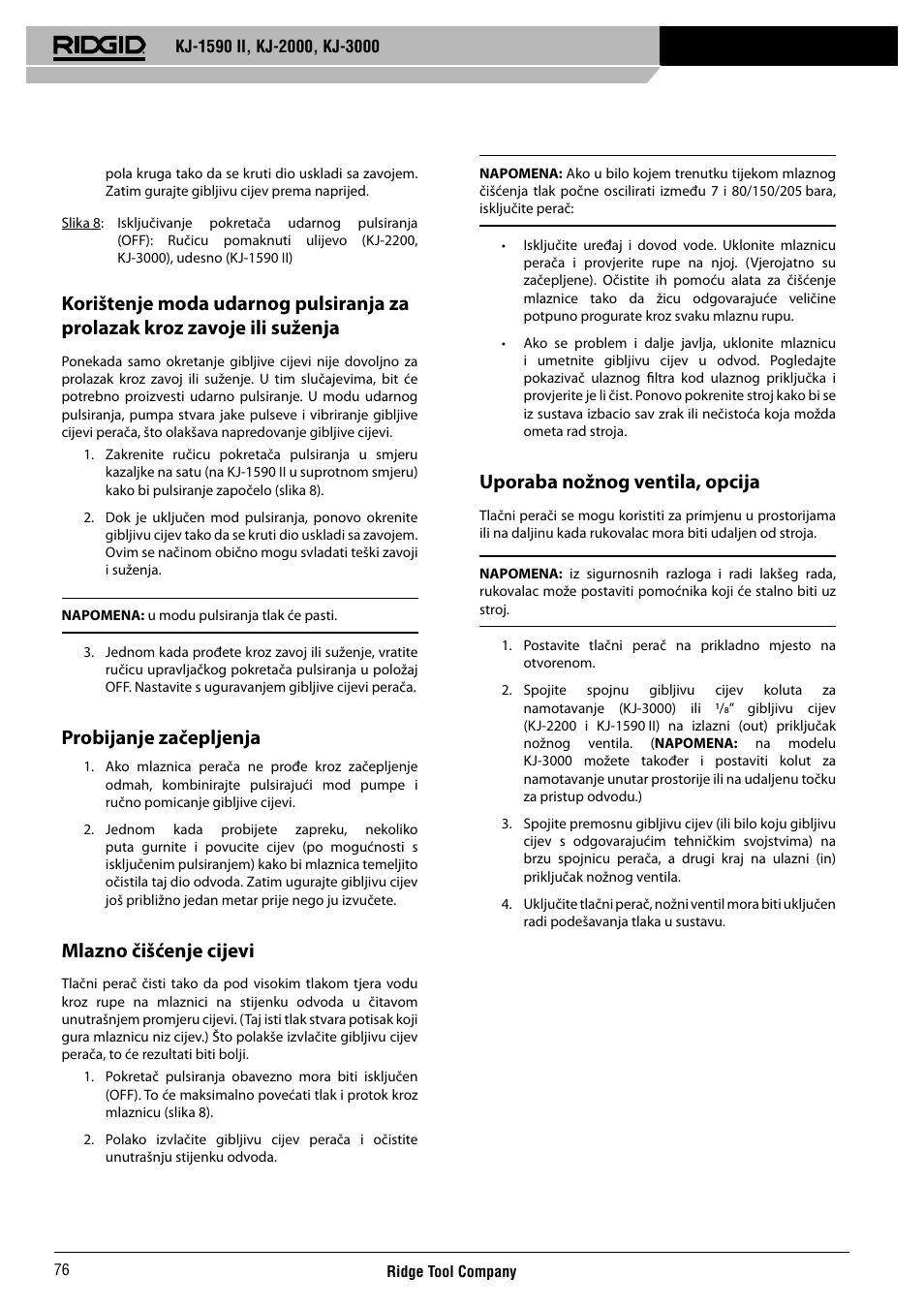 Probijanje začepljenja, Mlazno čišćenje cijevi, Uporaba nožnog ventila, opcija | RIDGID KJ-3000 User Manual | Page 77 / 124