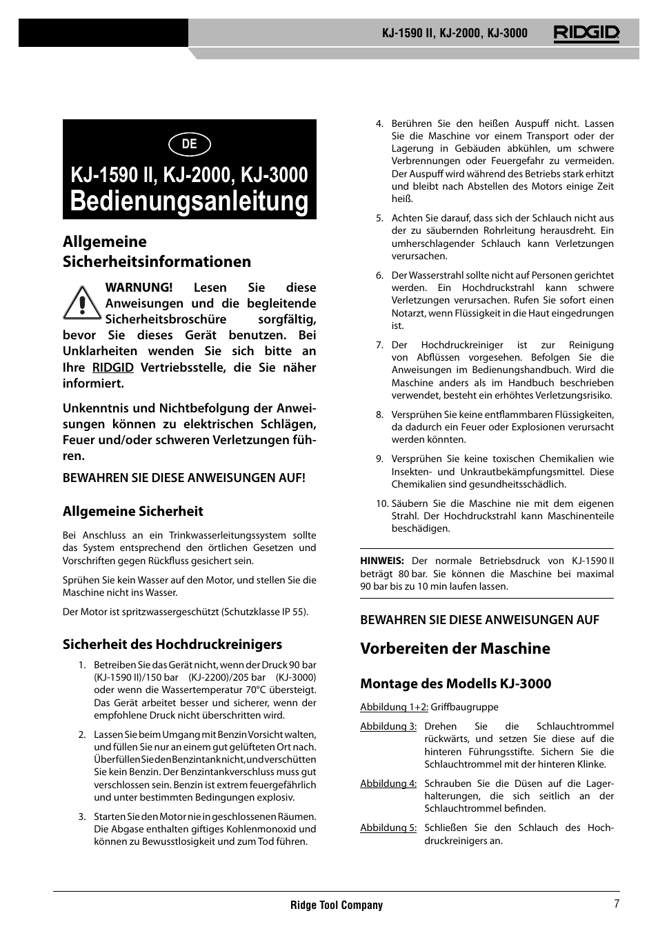 Bedienungsanleitung, Allgemeine sicherheitsinformationen, Vorbereiten der maschine | RIDGID KJ-3000 User Manual | Page 8 / 124