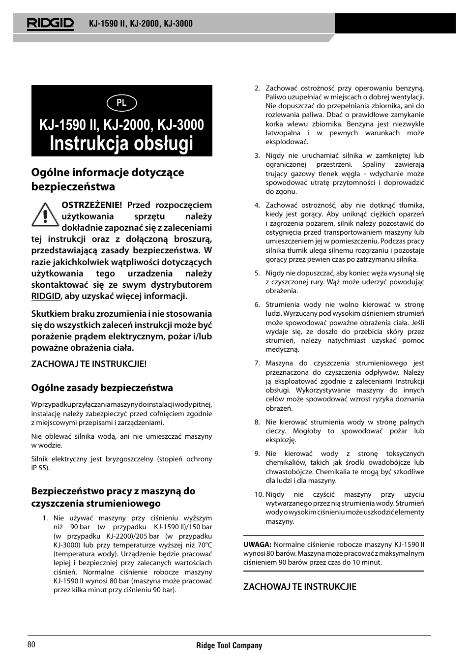 Instrukcja obsługi, Ogólne informacje dotyczące bezpieczeństwa | RIDGID KJ-3000 User Manual | Page 81 / 124