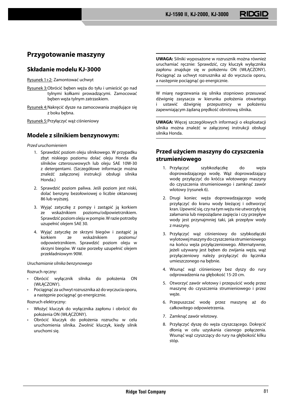 Przygotowanie maszyny, Składanie modelu kj-3000, Modele z silnikiem benzynowym | RIDGID KJ-3000 User Manual | Page 82 / 124