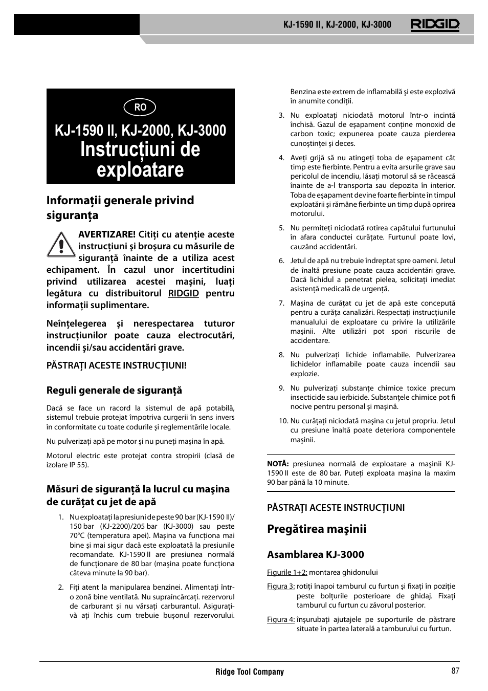 Instrucţiuni de exploatare, Informaţii generale privind siguranţa, Pregătirea maşinii | RIDGID KJ-3000 User Manual | Page 88 / 124