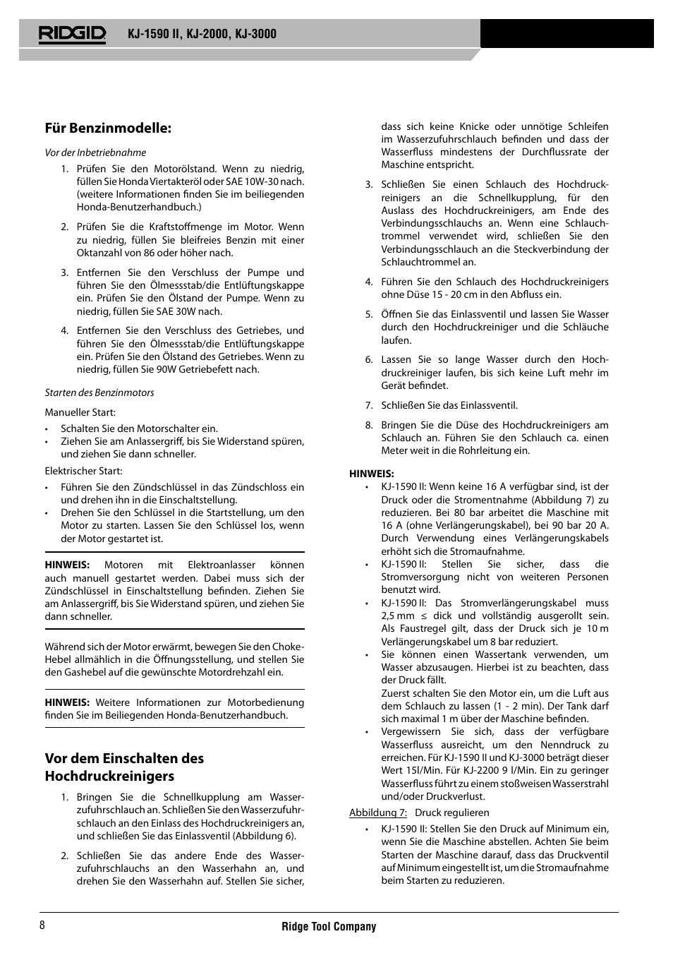 Für benzinmodelle, Vor dem einschalten des hochdruckreinigers | RIDGID KJ-3000 User Manual | Page 9 / 124