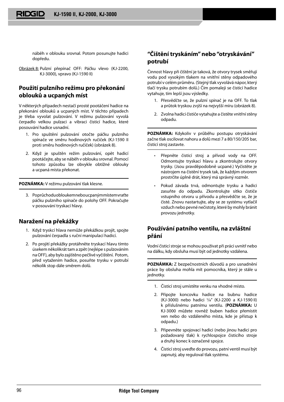 Naražení na překážky, Čištění tryskáním” nebo “otryskávání” potrubí, Používání patního ventilu, na zvláštní přání | RIDGID KJ-3000 User Manual | Page 97 / 124