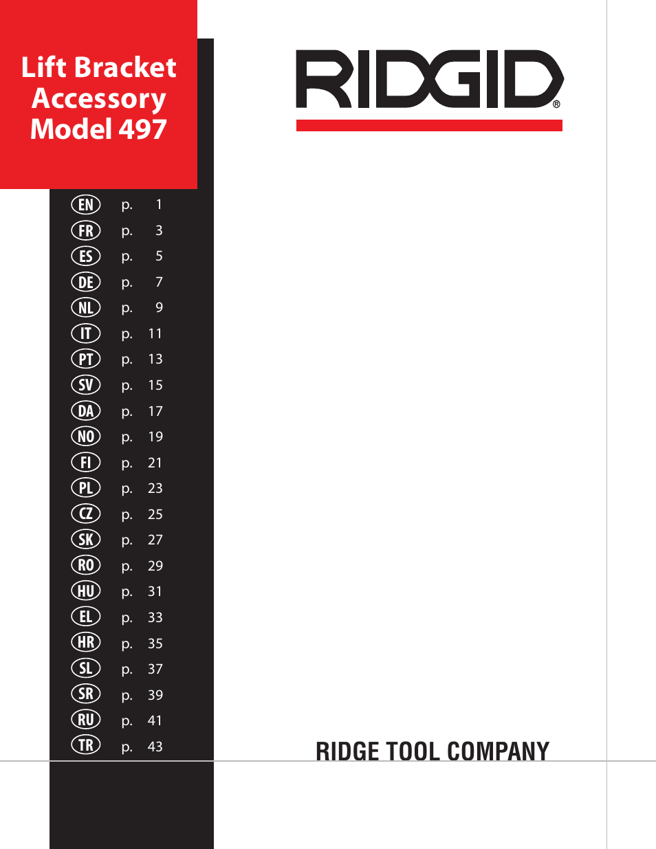 RIDGID Lift Bracket Accessory 497 User Manual | 50 pages