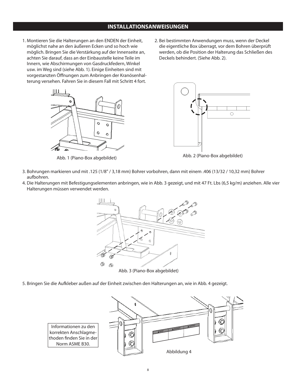 Installationsanweisungen, Refer to asme b30 for proper rigging techniques | RIDGID Lift Bracket Accessory 497 User Manual | Page 10 / 50