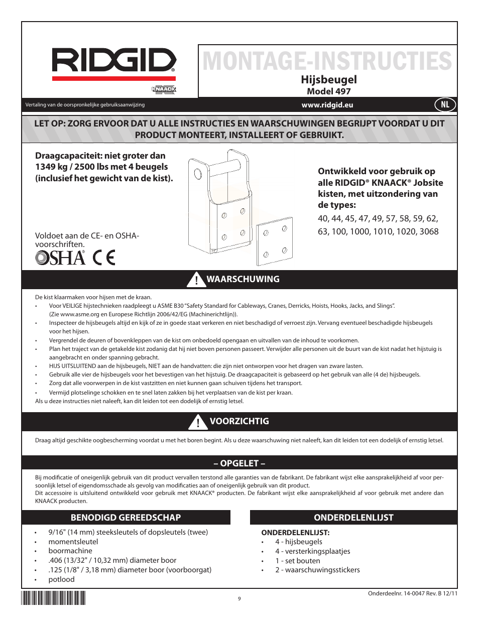 Montage-instructies, Hijsbeugel | RIDGID Lift Bracket Accessory 497 User Manual | Page 11 / 50
