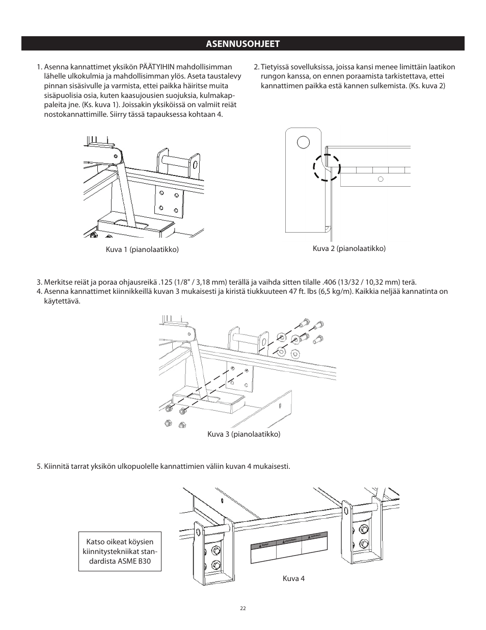 Asennusohjeet, Refer to asme b30 for proper rigging techniques | RIDGID Lift Bracket Accessory 497 User Manual | Page 24 / 50