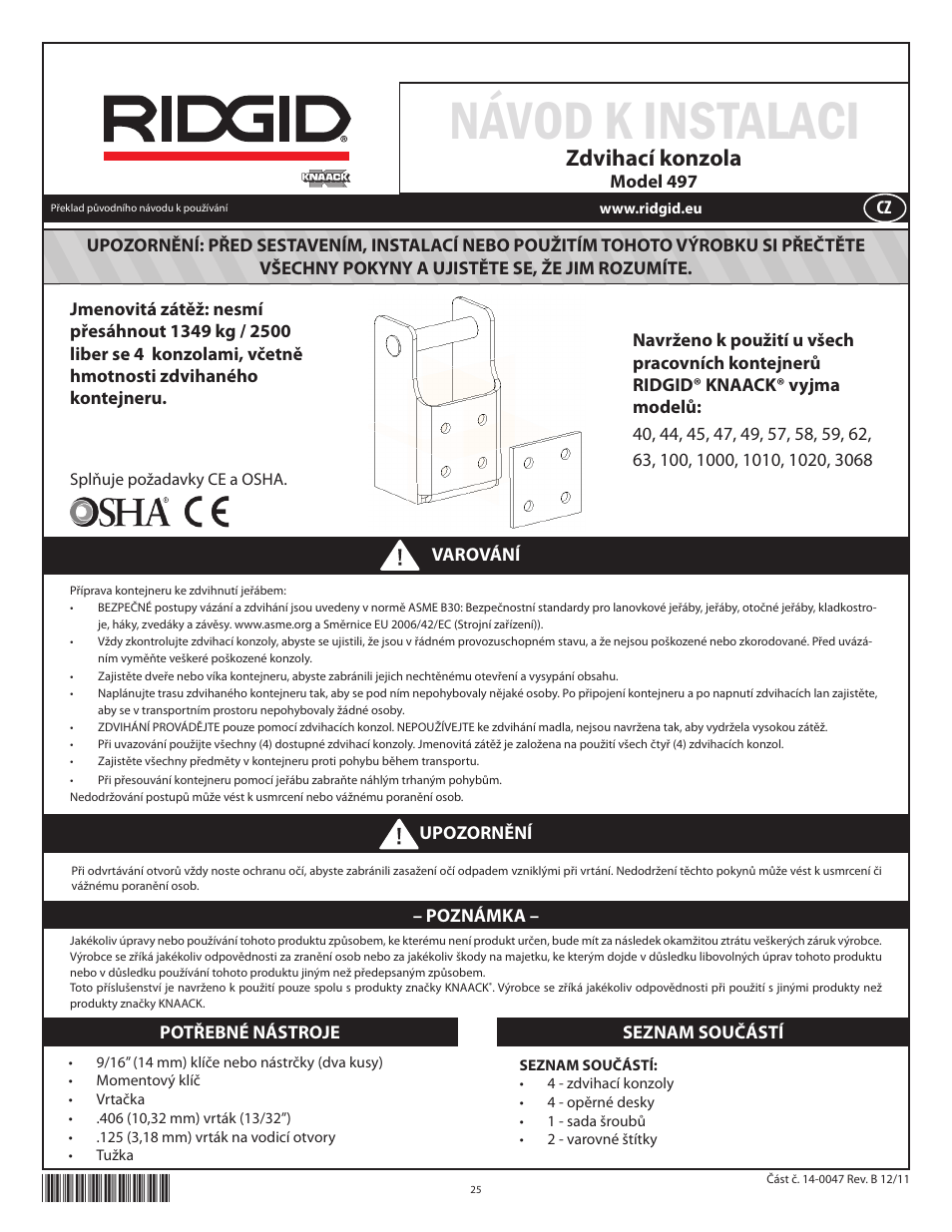 Návod k instalaci, Zdvihací konzola | RIDGID Lift Bracket Accessory 497 User Manual | Page 27 / 50