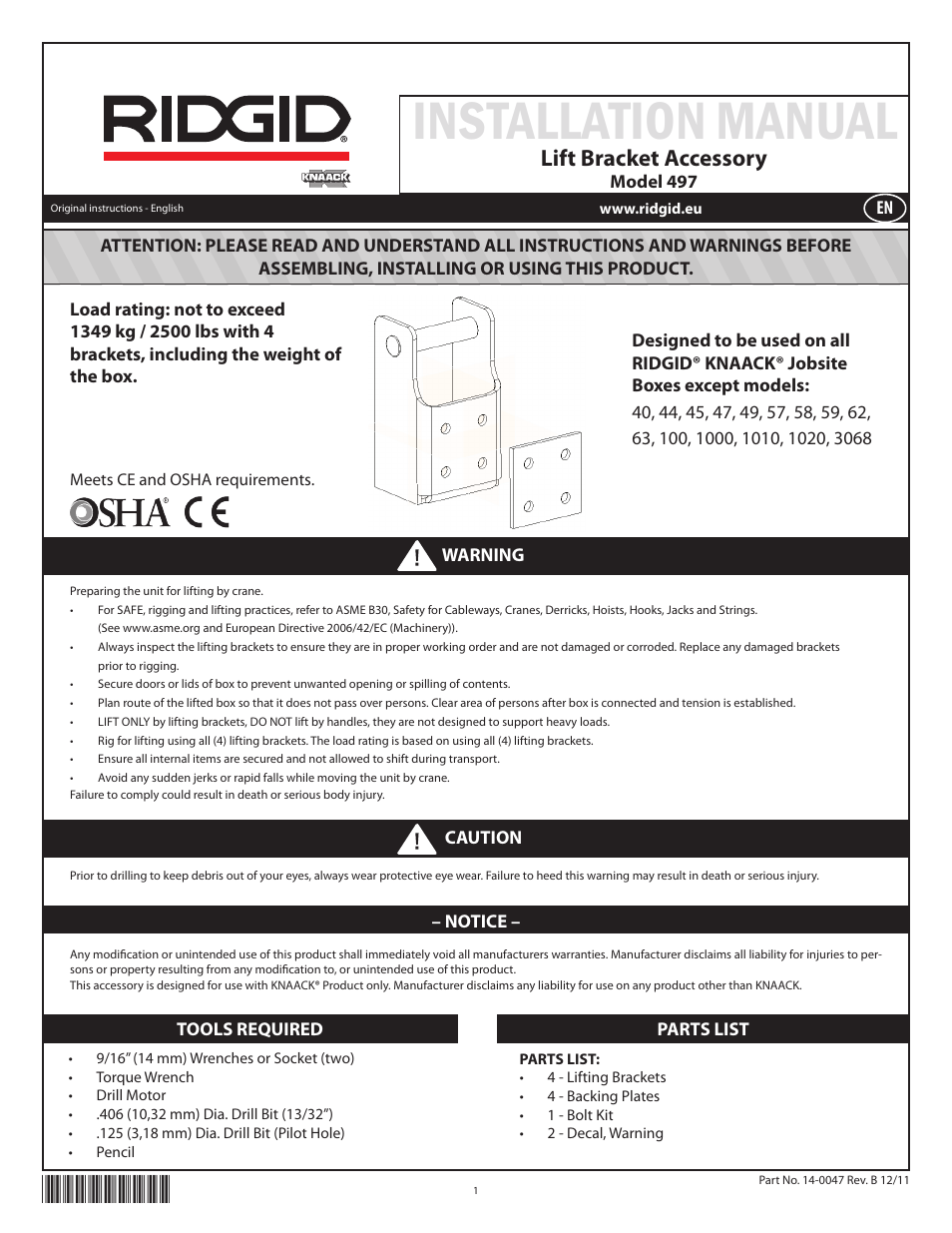Installation manual, Lift bracket accessory | RIDGID Lift Bracket Accessory 497 User Manual | Page 3 / 50