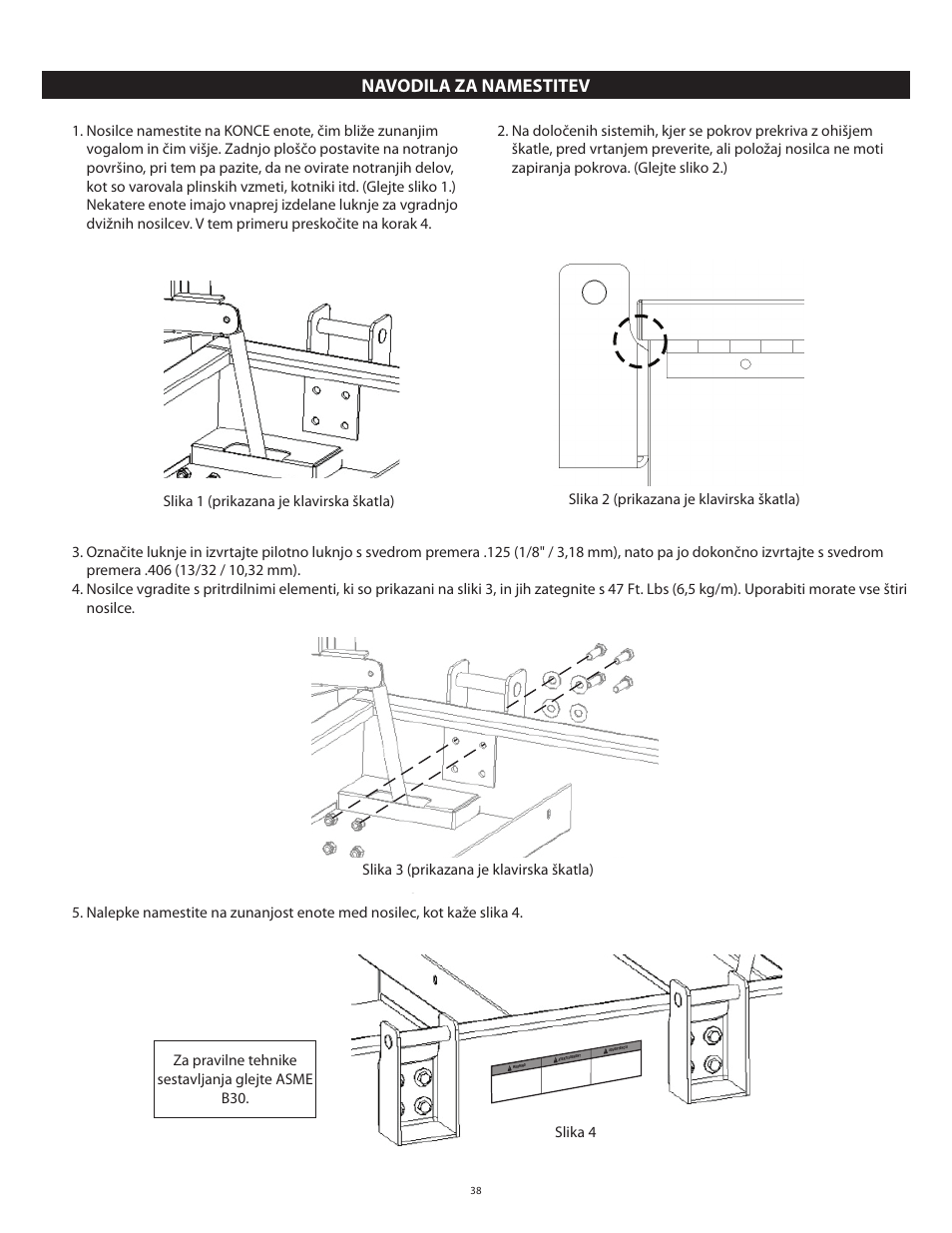 Navodila za namestitev, Refer to asme b30 for proper rigging techniques | RIDGID Lift Bracket Accessory 497 User Manual | Page 40 / 50