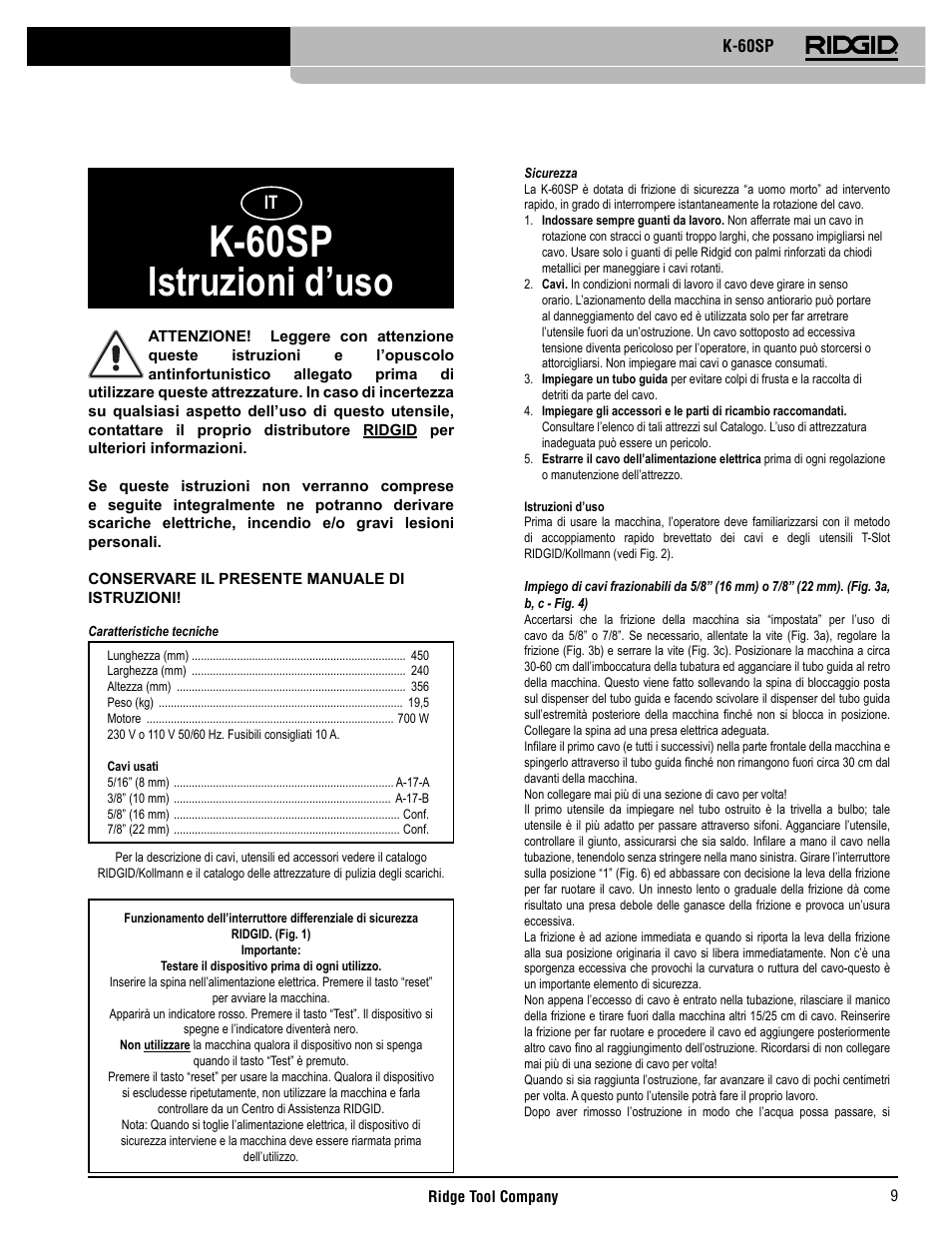 K-60sp, Istruzioni d’uso | RIDGID K-60SP User Manual | Page 10 / 41