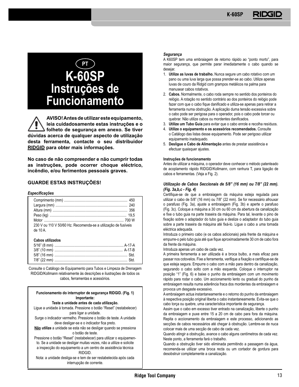 K-60sp, Instruções de funcionamento | RIDGID K-60SP User Manual | Page 14 / 41