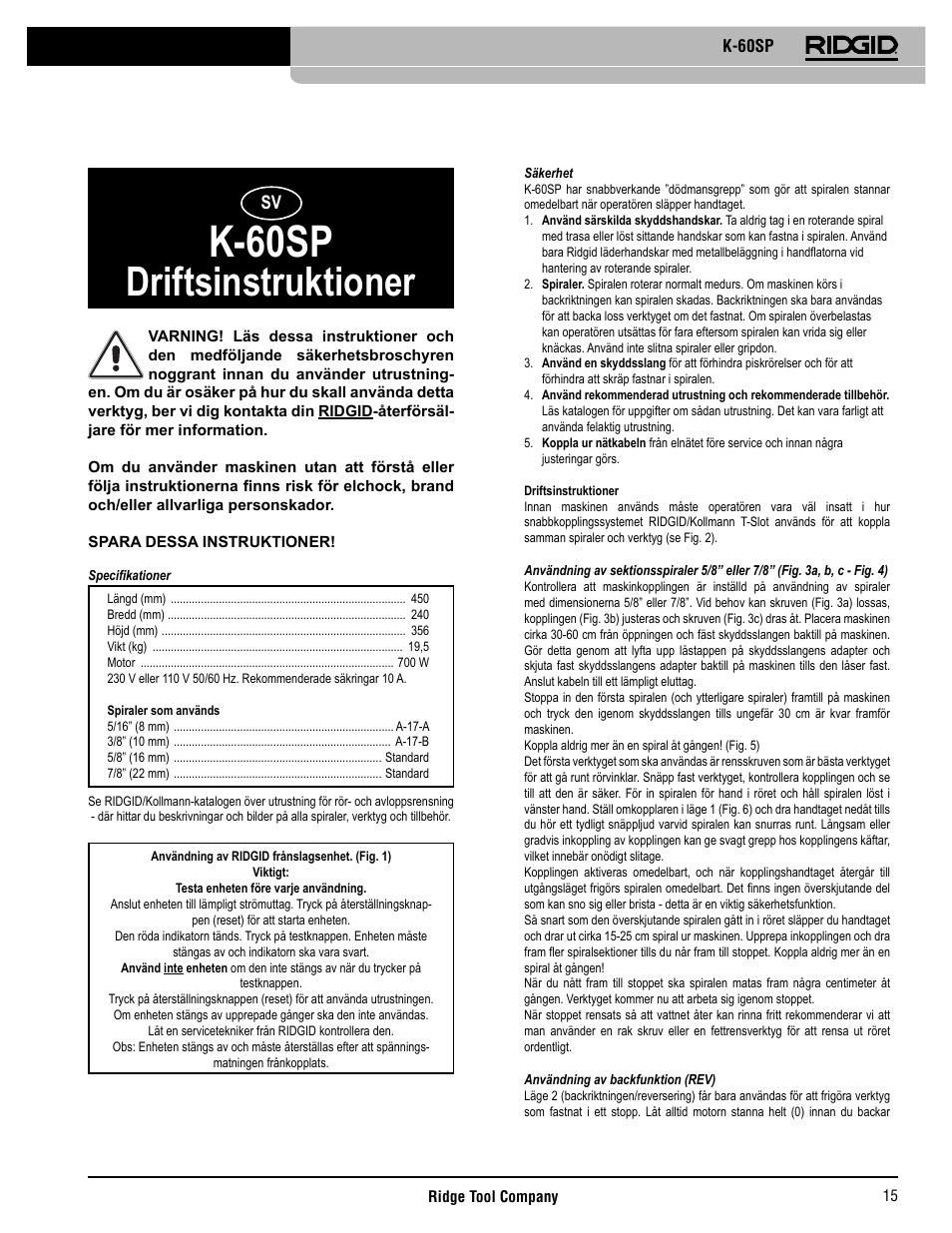 K-60sp, Driftsinstruktioner | RIDGID K-60SP User Manual | Page 16 / 41