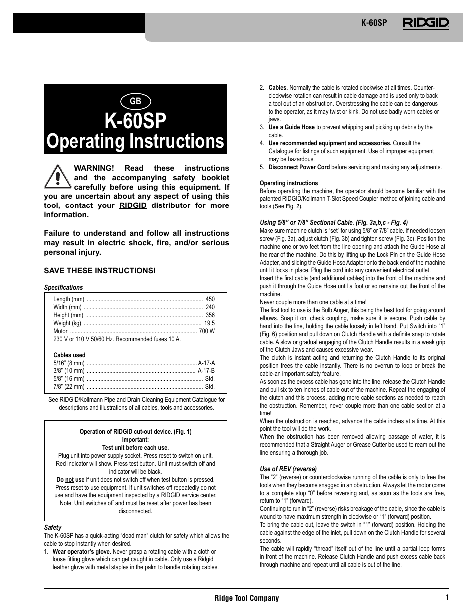 K-60sp, Operating instructions | RIDGID K-60SP User Manual | Page 2 / 41