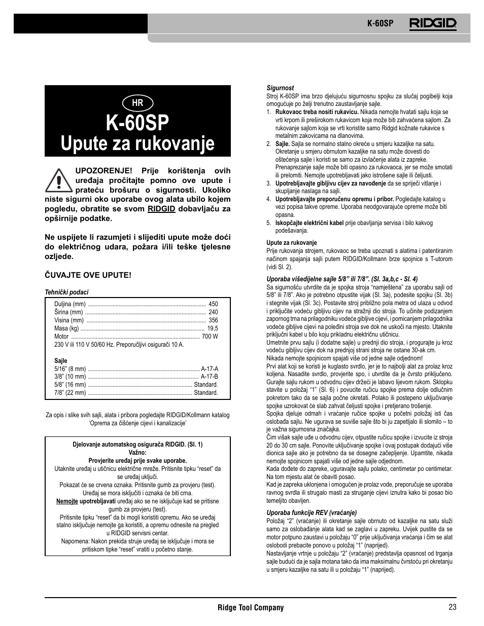 K-60sp, Upute za rukovanje | RIDGID K-60SP User Manual | Page 24 / 41