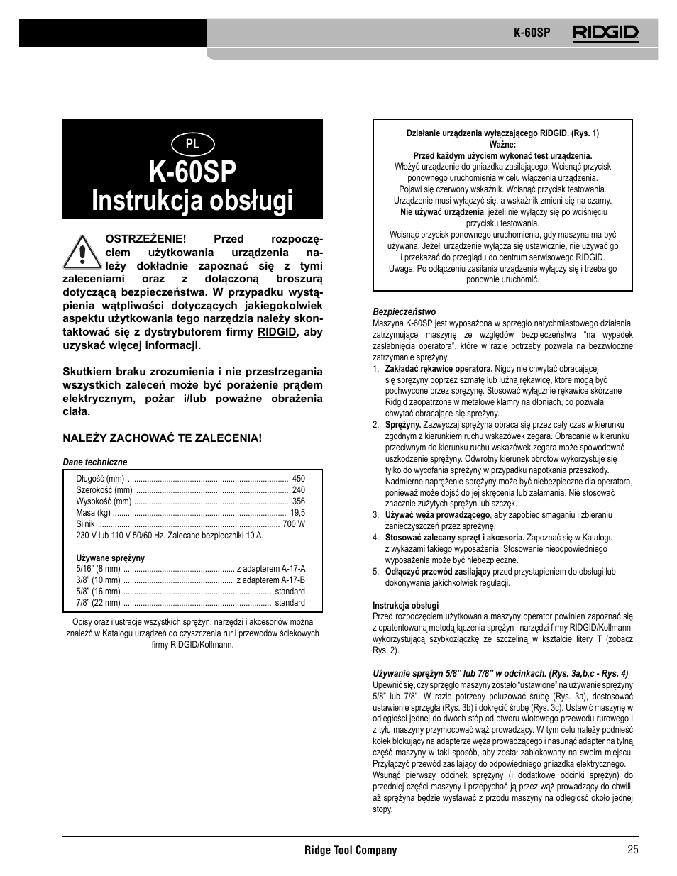 K-60sp, Instrukcja obsługi | RIDGID K-60SP User Manual | Page 26 / 41