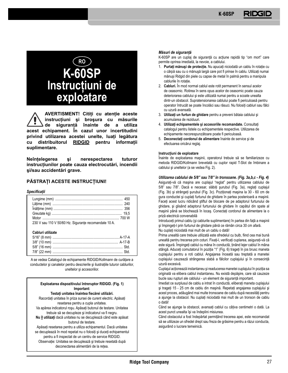 K-60sp, Instrucţiuni de exploatare | RIDGID K-60SP User Manual | Page 28 / 41