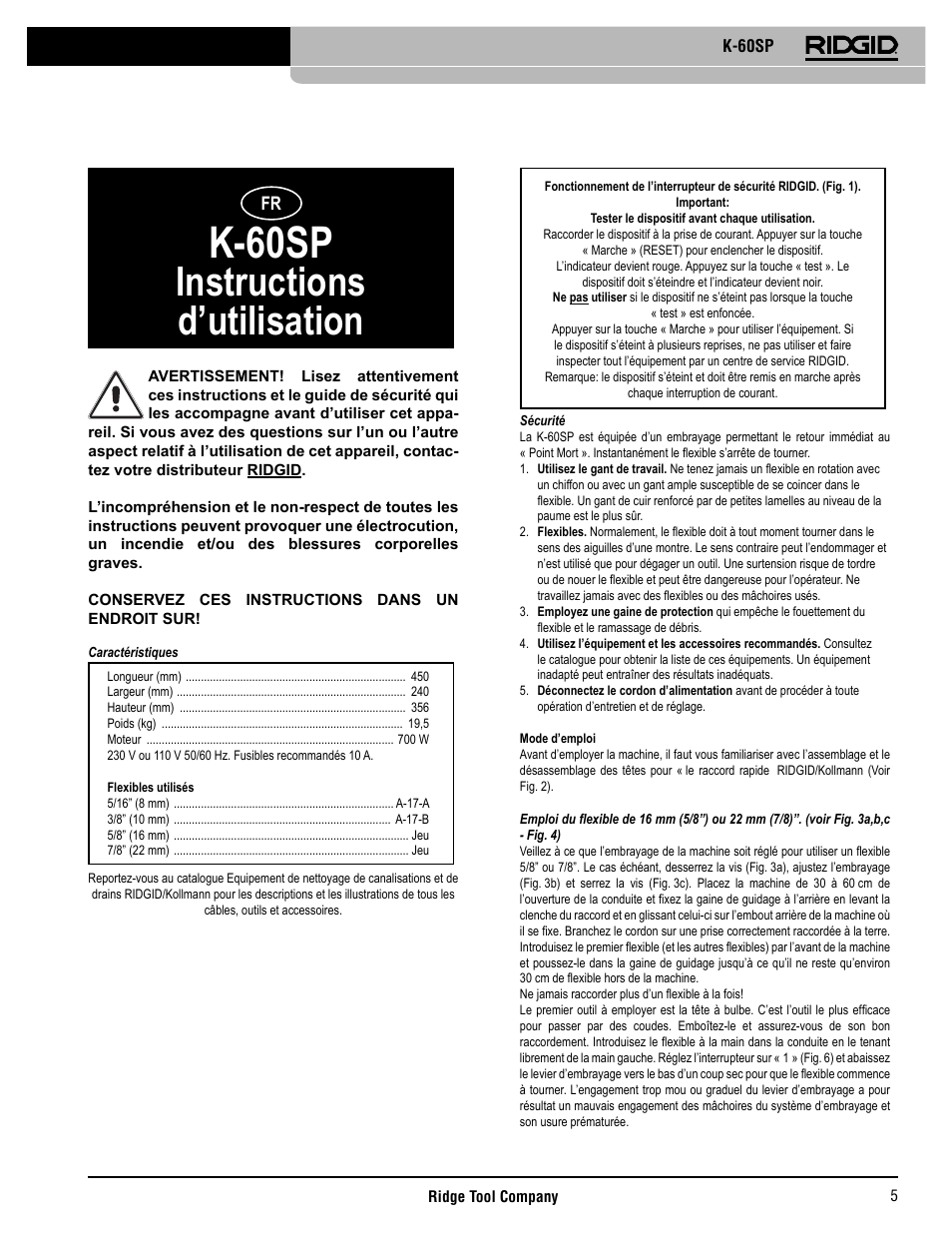 K-60sp, Instructions d’utilisation | RIDGID K-60SP User Manual | Page 6 / 41