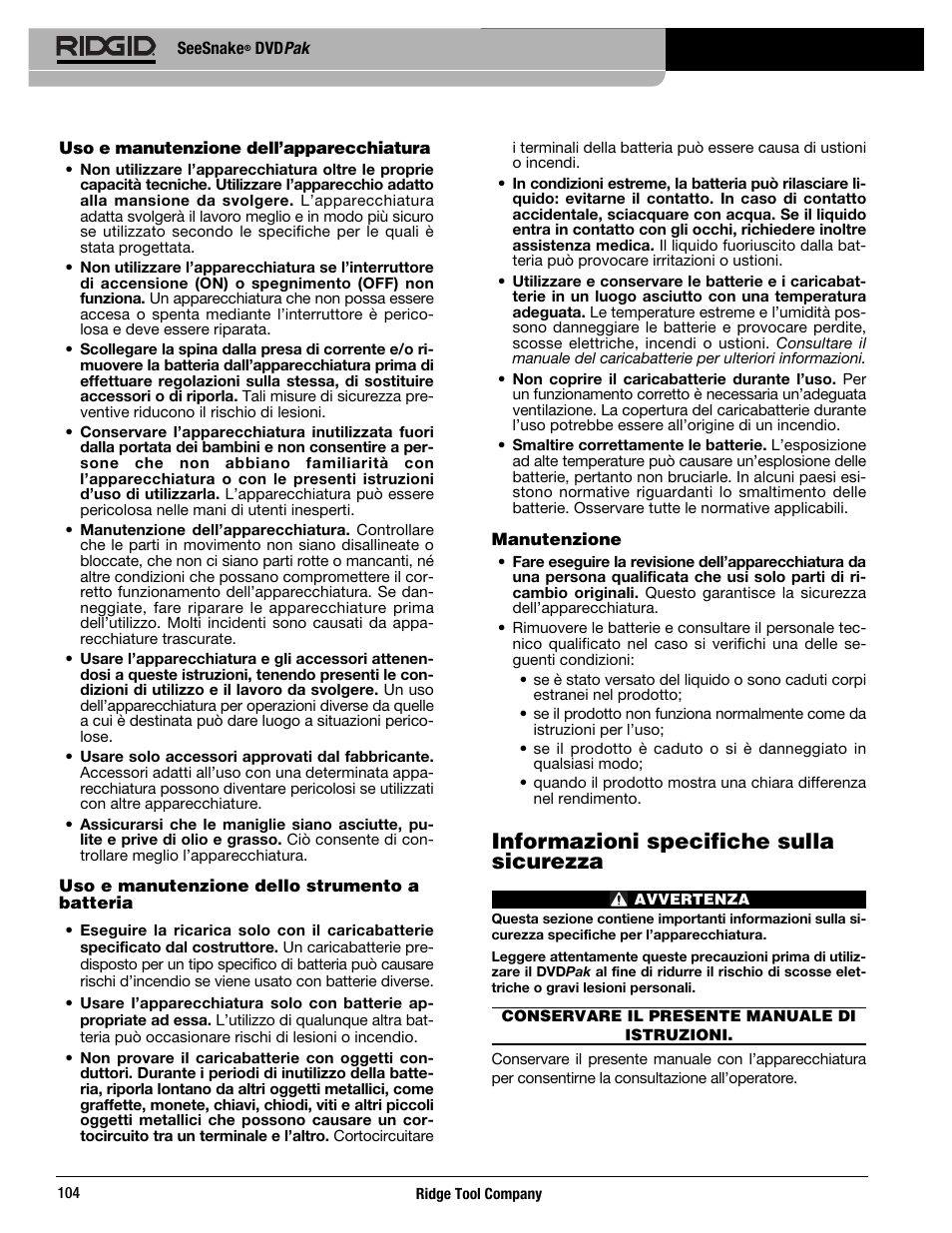 Informazioni specifiche sulla sicurezza | RIDGID SeeSnake DVDPak User Manual | Page 106 / 359