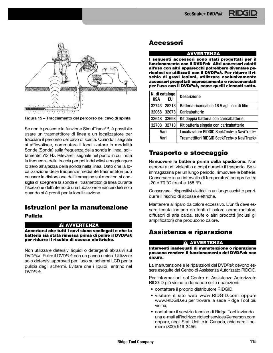 Istruzioni per la manutenzione, Accessori, Trasporto e stoccaggio | Assistenza e riparazione | RIDGID SeeSnake DVDPak User Manual | Page 117 / 359