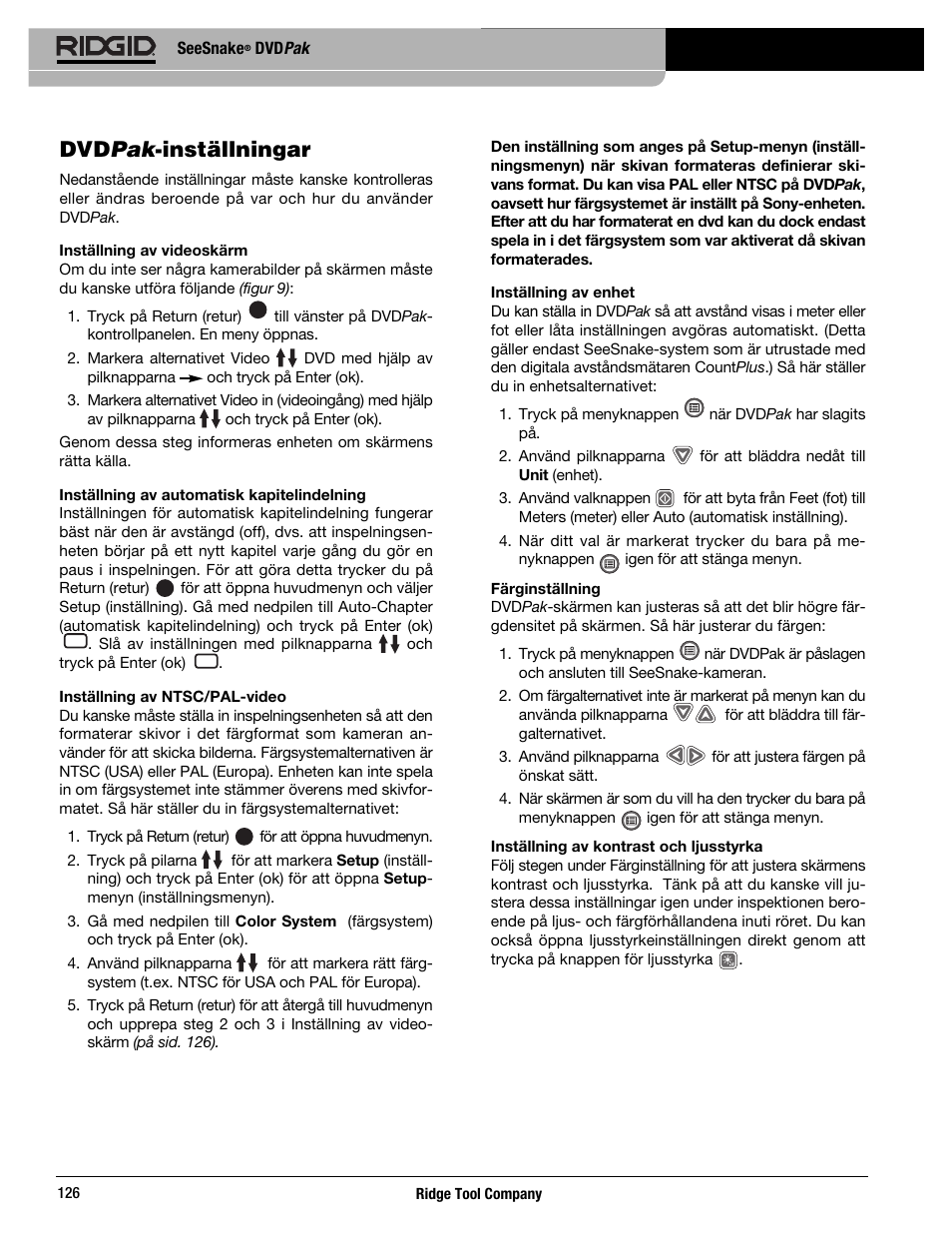 Dvd pak -inställningar | RIDGID SeeSnake DVDPak User Manual | Page 128 / 359