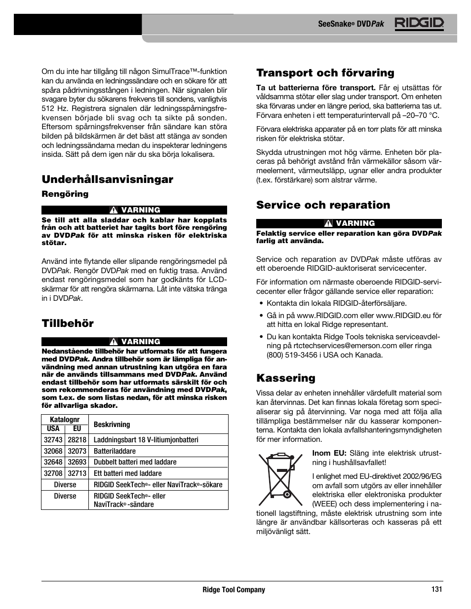 Underhållsanvisningar, Tillbehör, Transport och förvaring | Service och reparation, Kassering | RIDGID SeeSnake DVDPak User Manual | Page 133 / 359