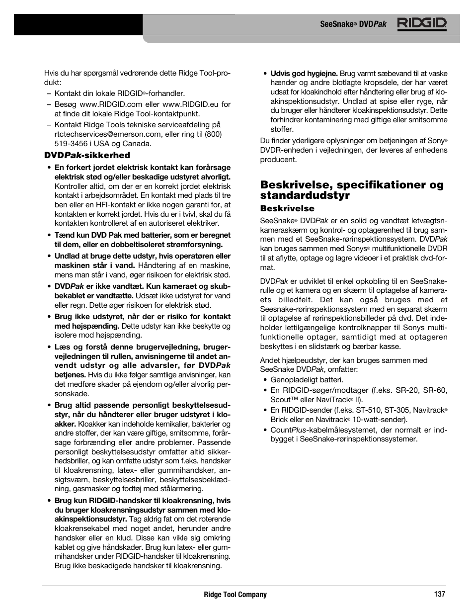 Beskrivelse, specifikationer og standardudstyr | RIDGID SeeSnake DVDPak User Manual | Page 139 / 359