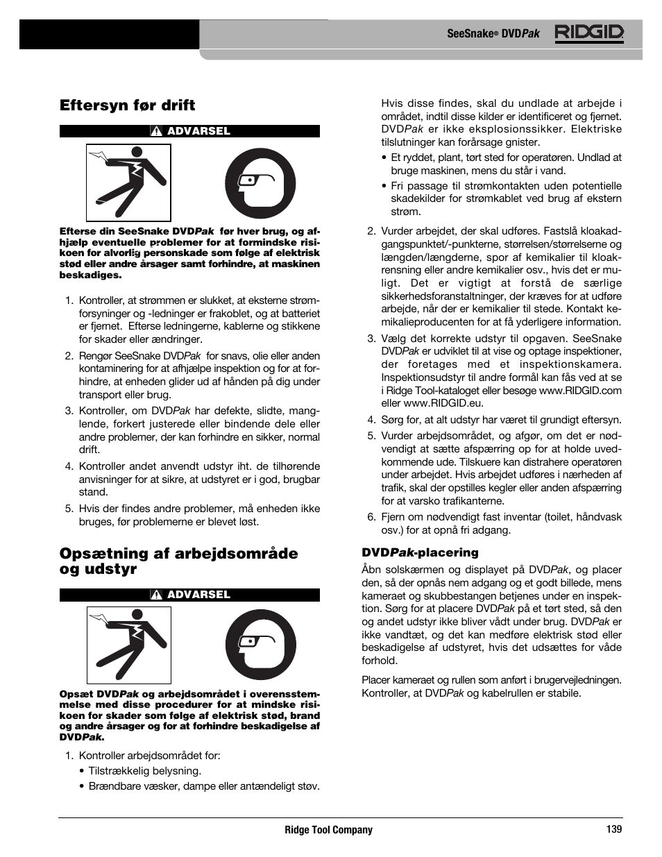 Eftersyn før drift, Opsætning af arbejdsområde og udstyr | RIDGID SeeSnake DVDPak User Manual | Page 141 / 359