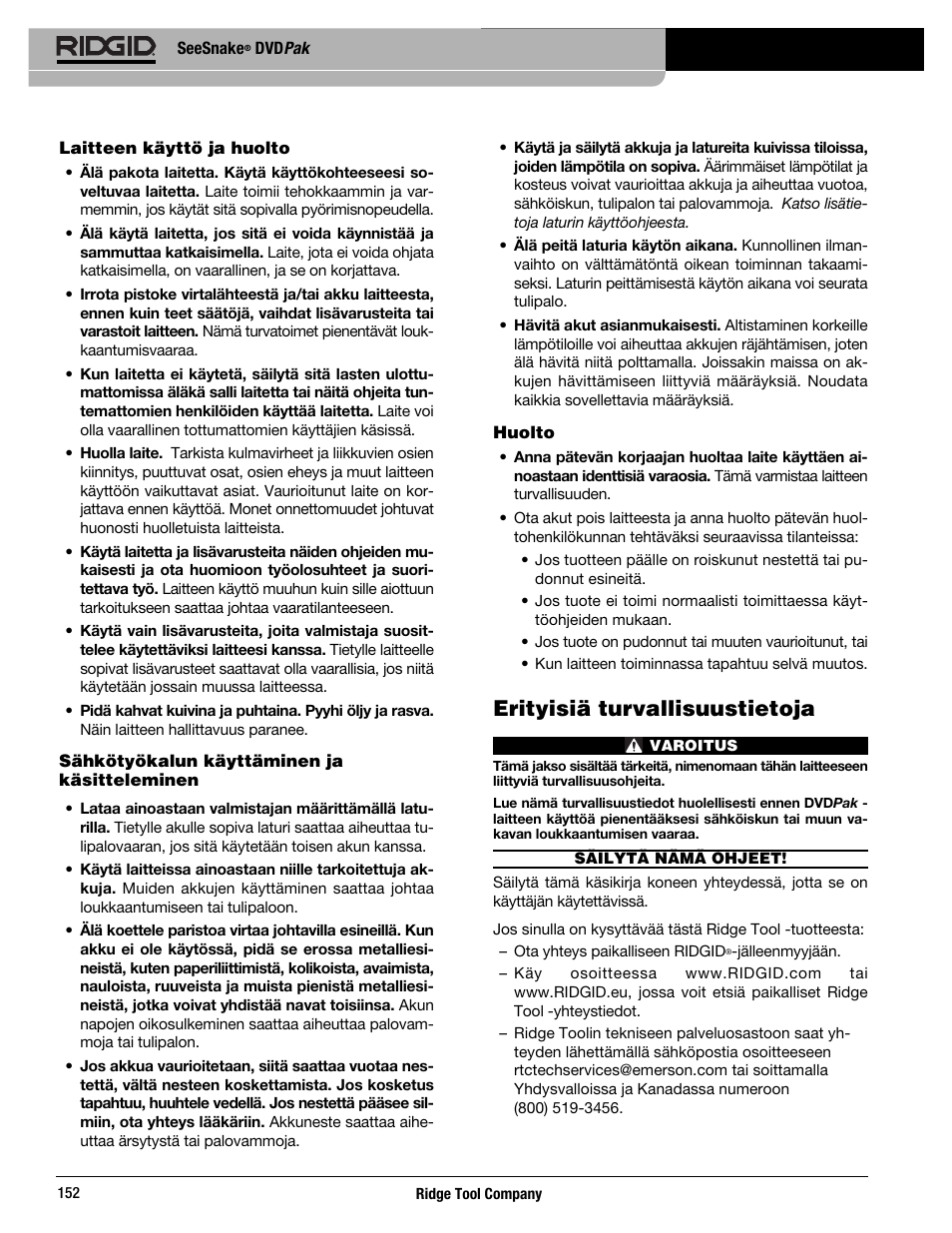 Erityisiä turvallisuustietoja | RIDGID SeeSnake DVDPak User Manual | Page 154 / 359