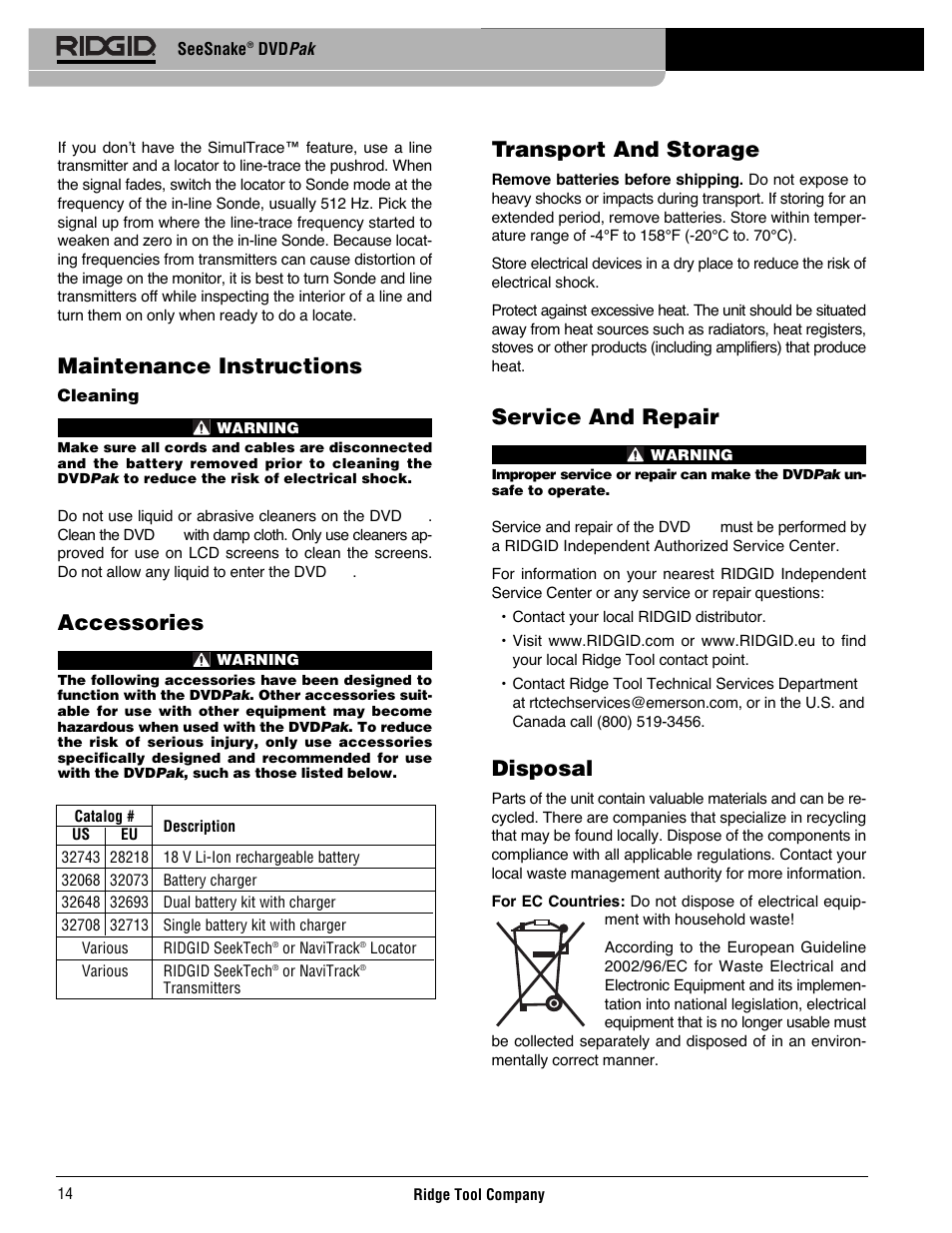 Maintenance instructions, Accessories, Transport and storage | Service and repair, Disposal | RIDGID SeeSnake DVDPak User Manual | Page 16 / 359