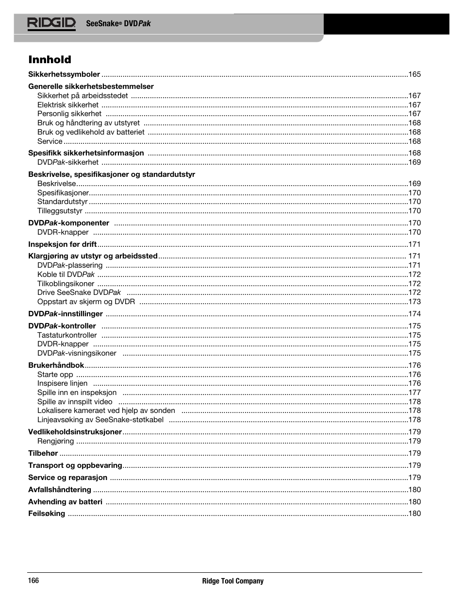 Innhold | RIDGID SeeSnake DVDPak User Manual | Page 168 / 359