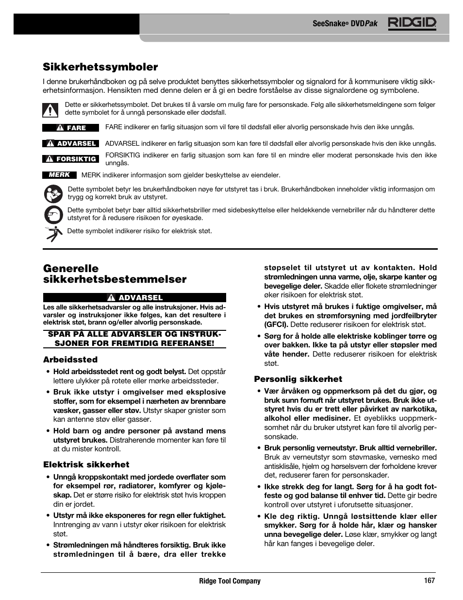 Generelle sikkerhetsbestemmelser, Sikkerhetssymboler | RIDGID SeeSnake DVDPak User Manual | Page 169 / 359