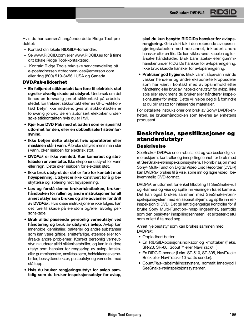 Beskrivelse, spesifikasjoner og standardutstyr | RIDGID SeeSnake DVDPak User Manual | Page 171 / 359