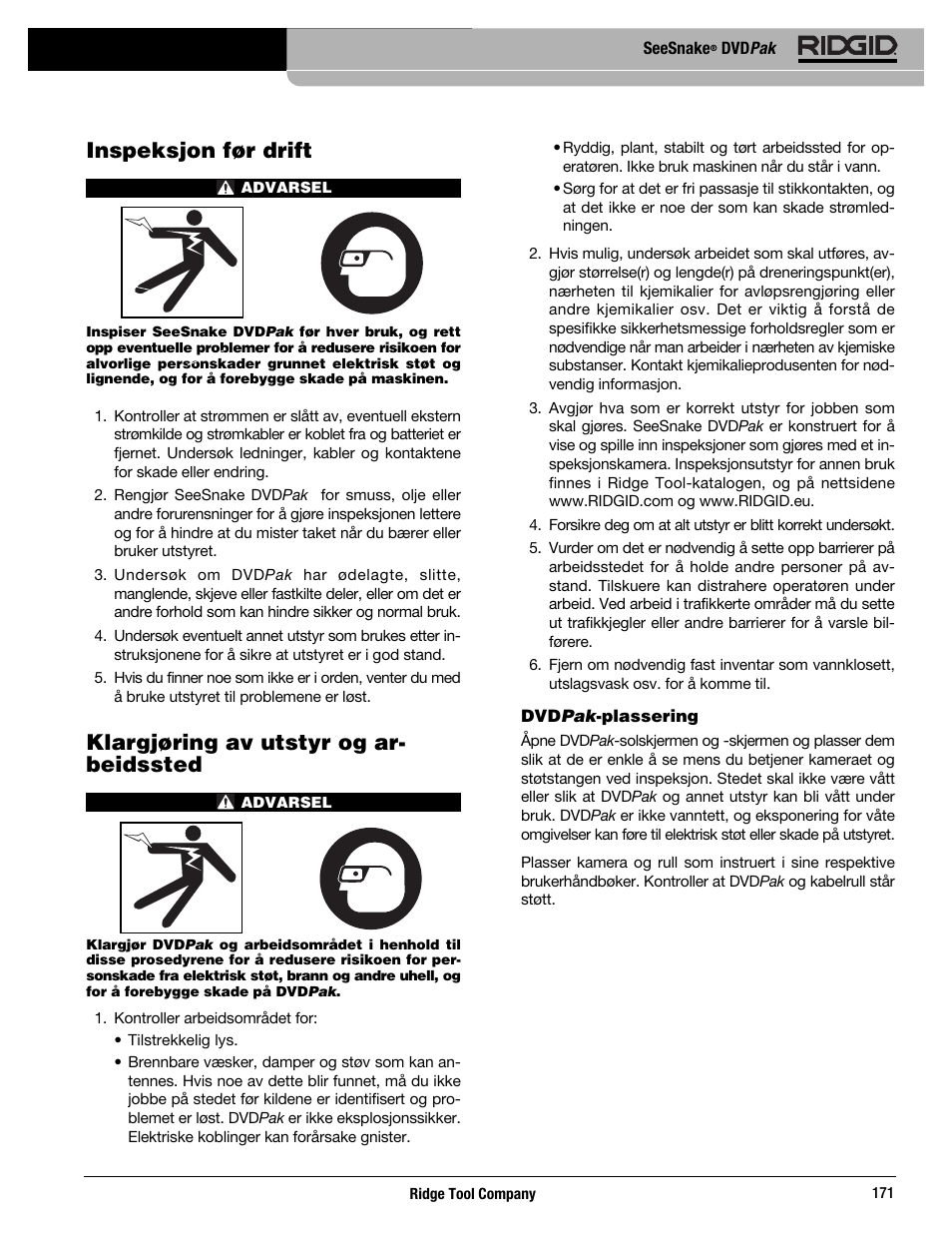 Inspeksjon før drift, Klargjøring av utstyr og ar- beidssted | RIDGID SeeSnake DVDPak User Manual | Page 173 / 359