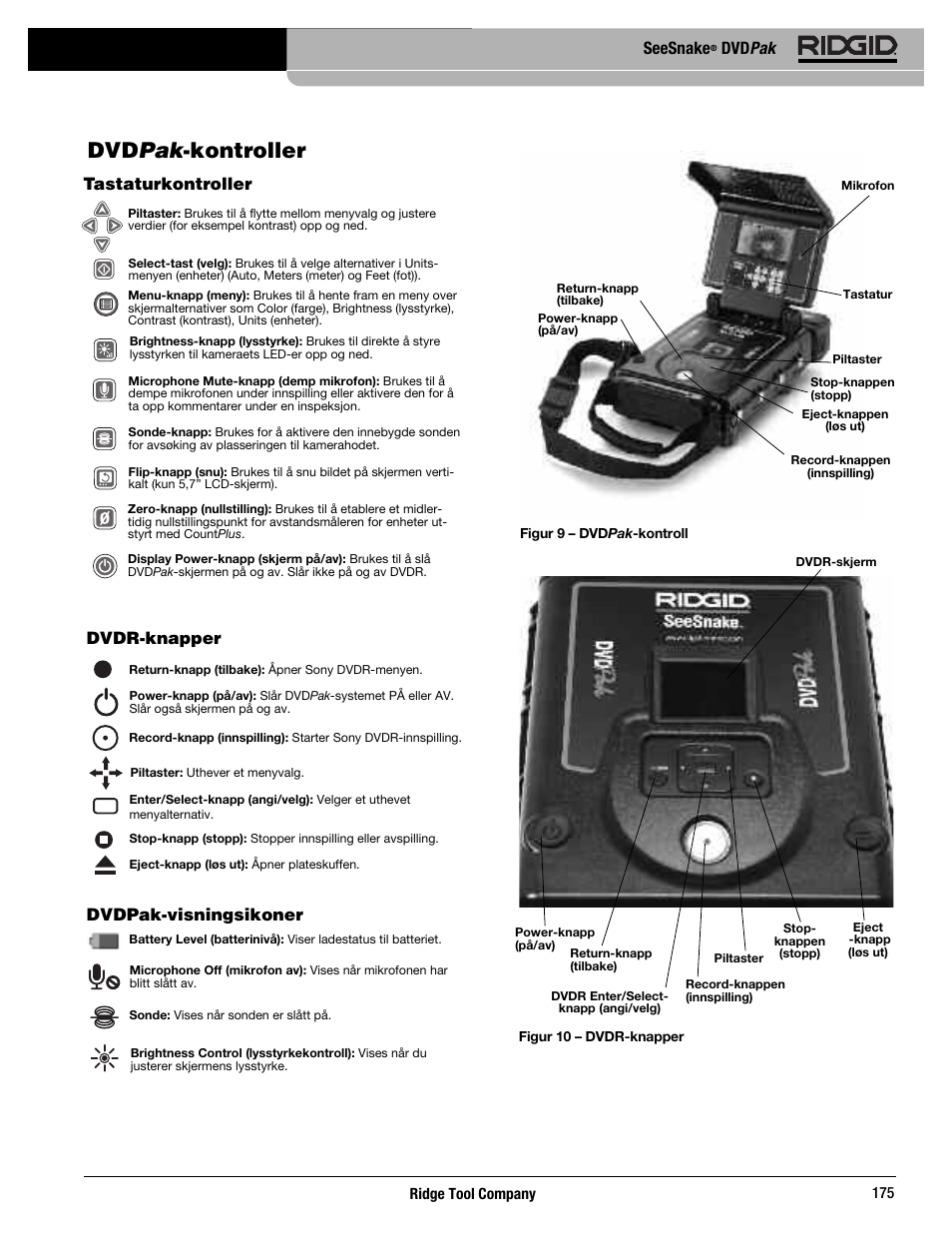 Dvd pak -kontroller, Seesnake, Dvd pak | Tastaturkontroller, Dvdr-knapper, Dvdpak-visningsikoner | RIDGID SeeSnake DVDPak User Manual | Page 177 / 359