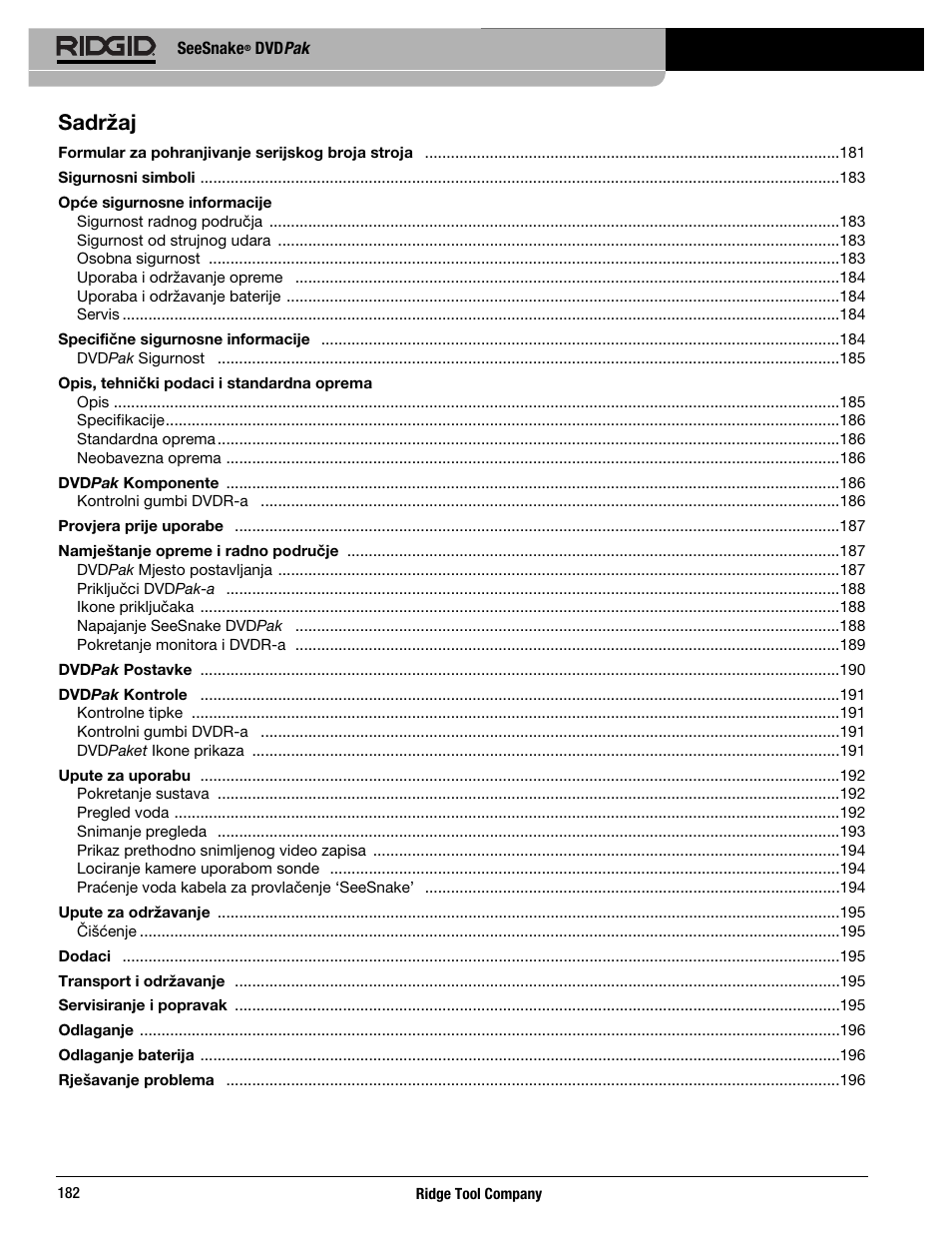 Sadržaj | RIDGID SeeSnake DVDPak User Manual | Page 184 / 359