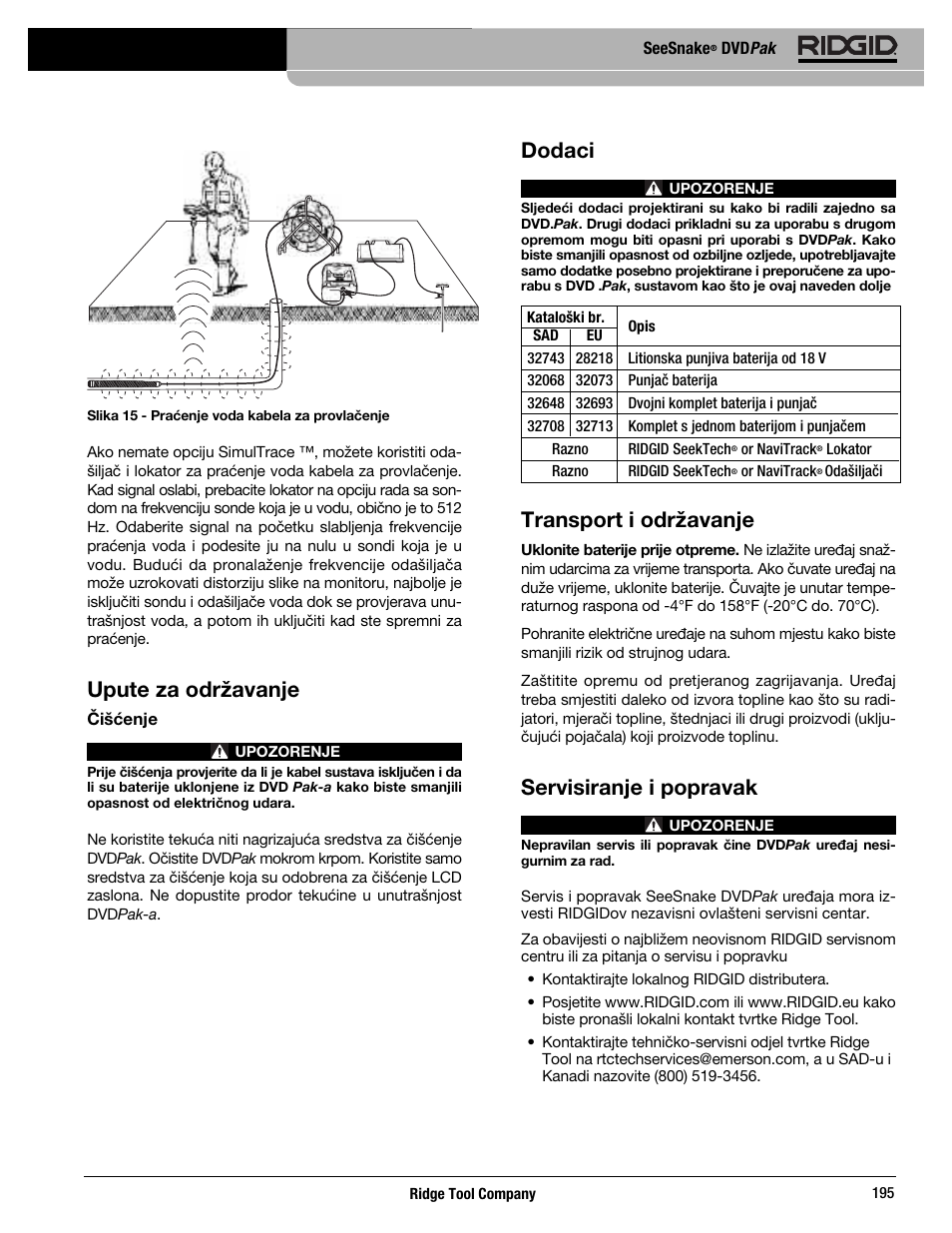 Upute za održavanje, Dodaci, Transport i održavanje | Servisiranje i popravak | RIDGID SeeSnake DVDPak User Manual | Page 197 / 359