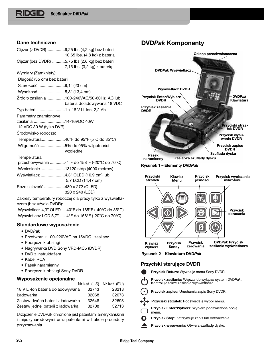 Dvdpak komponenty, Seesnake, Dvd pak | Przyciski sterujące dvdr, Dane techniczne, Standardowe wyposażenie, Wyposażenie opcjonalne | RIDGID SeeSnake DVDPak User Manual | Page 204 / 359