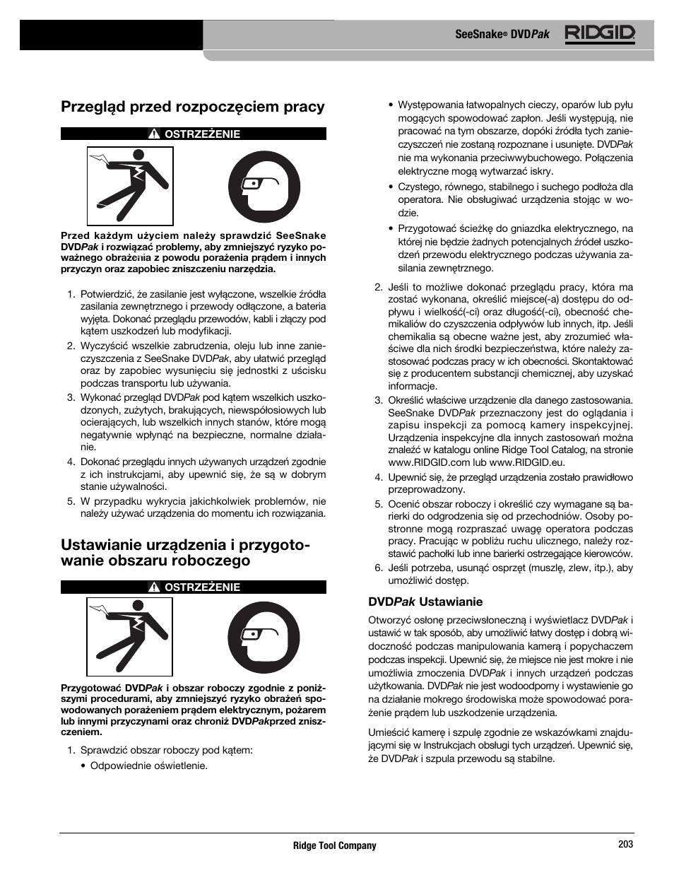 Przegląd przed rozpoczęciem pracy | RIDGID SeeSnake DVDPak User Manual | Page 205 / 359